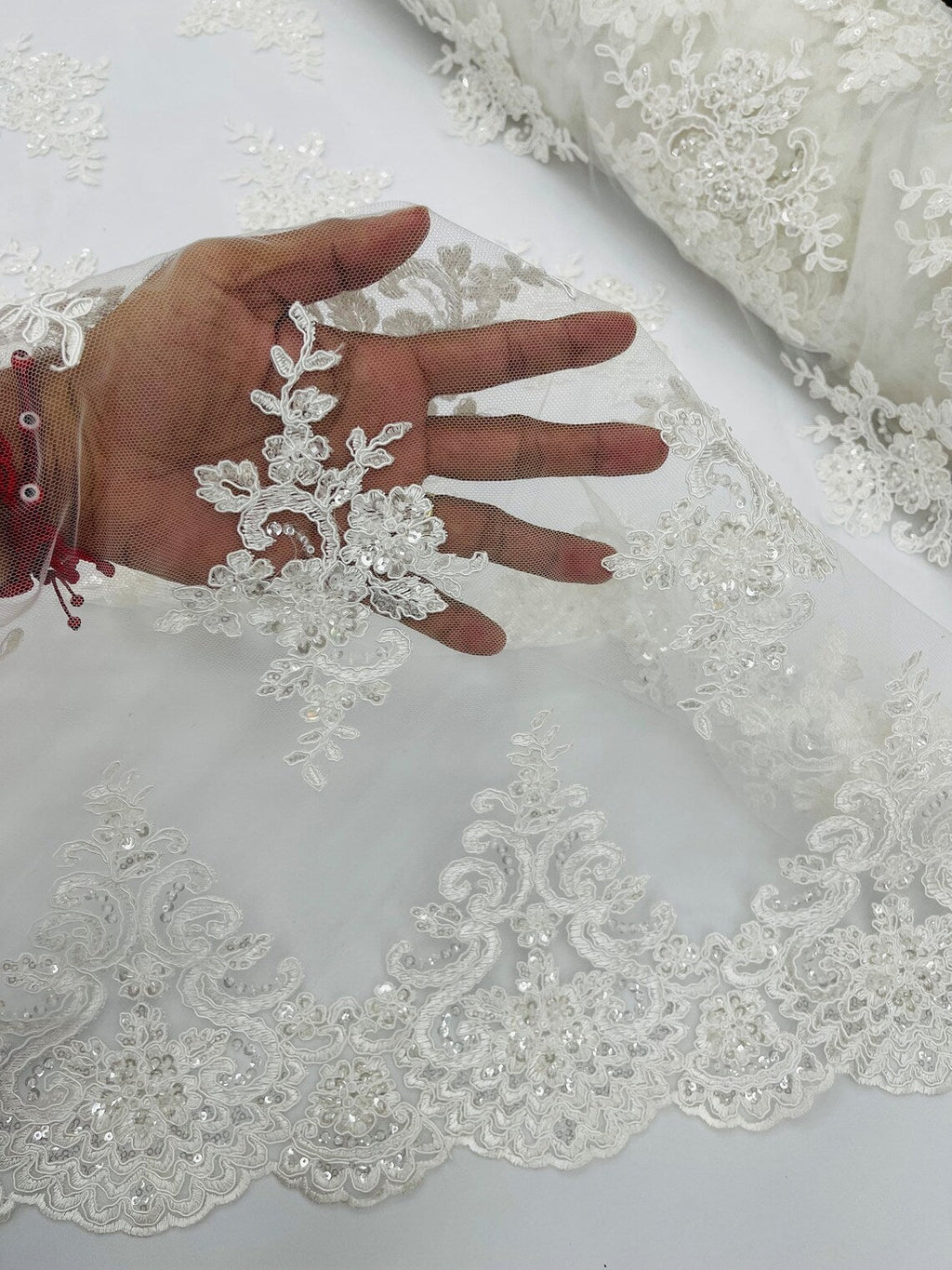 Beaded Floral Fabric - Off-White - Floral Cluster Design Fabric with Damask Border by Yard