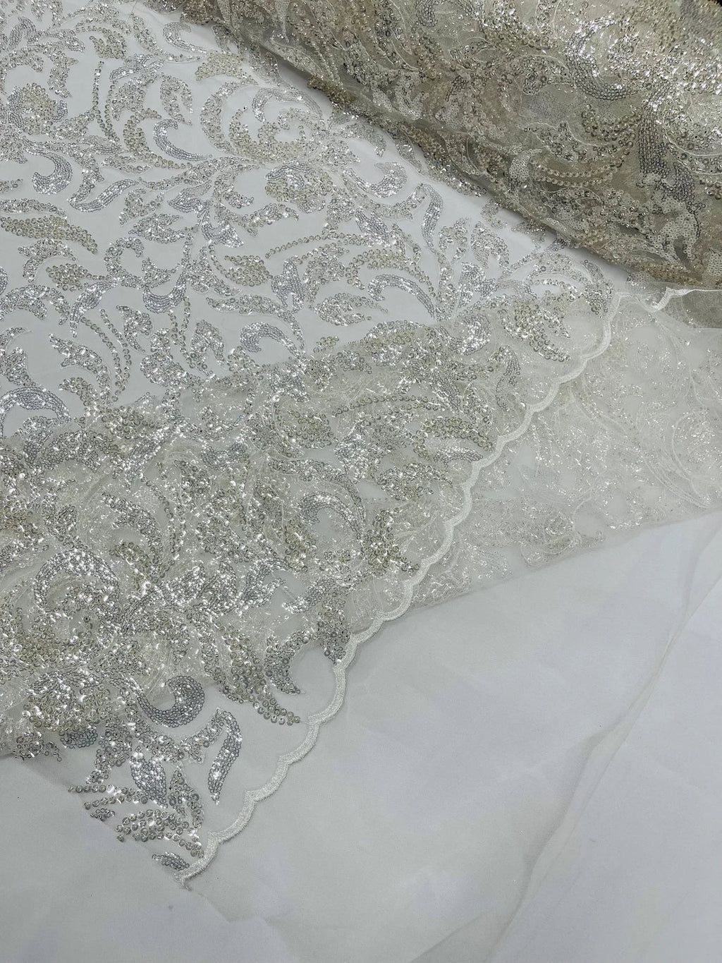 Beaded Flower Leaf Fabric - Off-White - Shiny Beads and Sequins in Flower Design on Lace by Yard