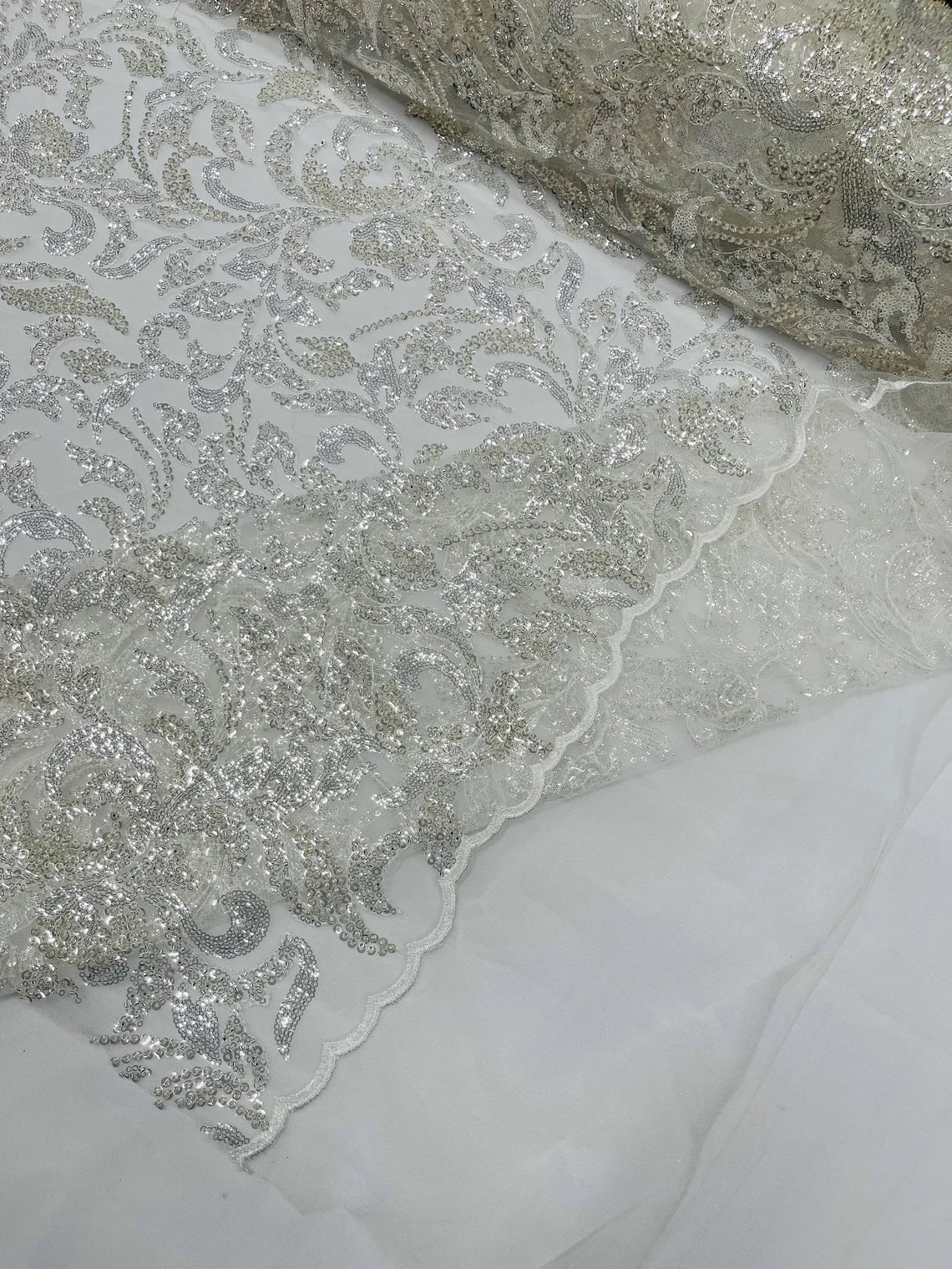 Beaded Flower Leaf Fabric - Off-White - Shiny Beads and Sequins in Flower Design on Lace by Yard