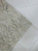 Beaded Fire Design Fabric - Off-White - Fire Flame Design Sequins and Beads on Mesh by Yard