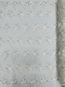 3D Flower Sequins Design - Off-White - Embroidered Pearl Sequins Floral Clusters Lace Fabric By Yard