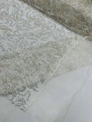 Beaded Flower Leaf Fabric - Off-White - Shiny Beads and Sequins in Flower Design on Lace by Yard
