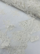 Beaded Floral Fabric - Off-White - Floral Cluster Design Fabric with Damask Border by Yard