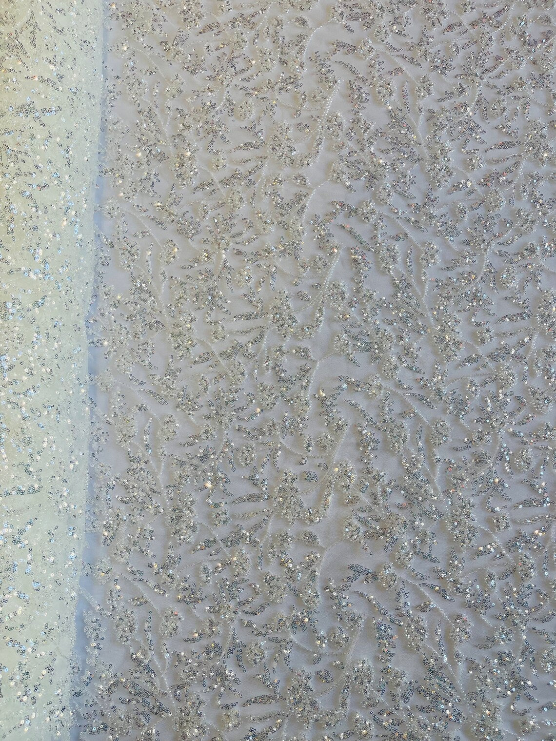 Beaded Floral Plant Design - Off-White - Embroidered Beaded Flower Plants Sequins Fabric By Yard