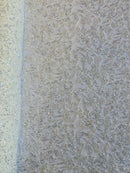 Beaded Floral Plant Design - Off-White - Embroidered Beaded Flower Plants Sequins Fabric By Yard