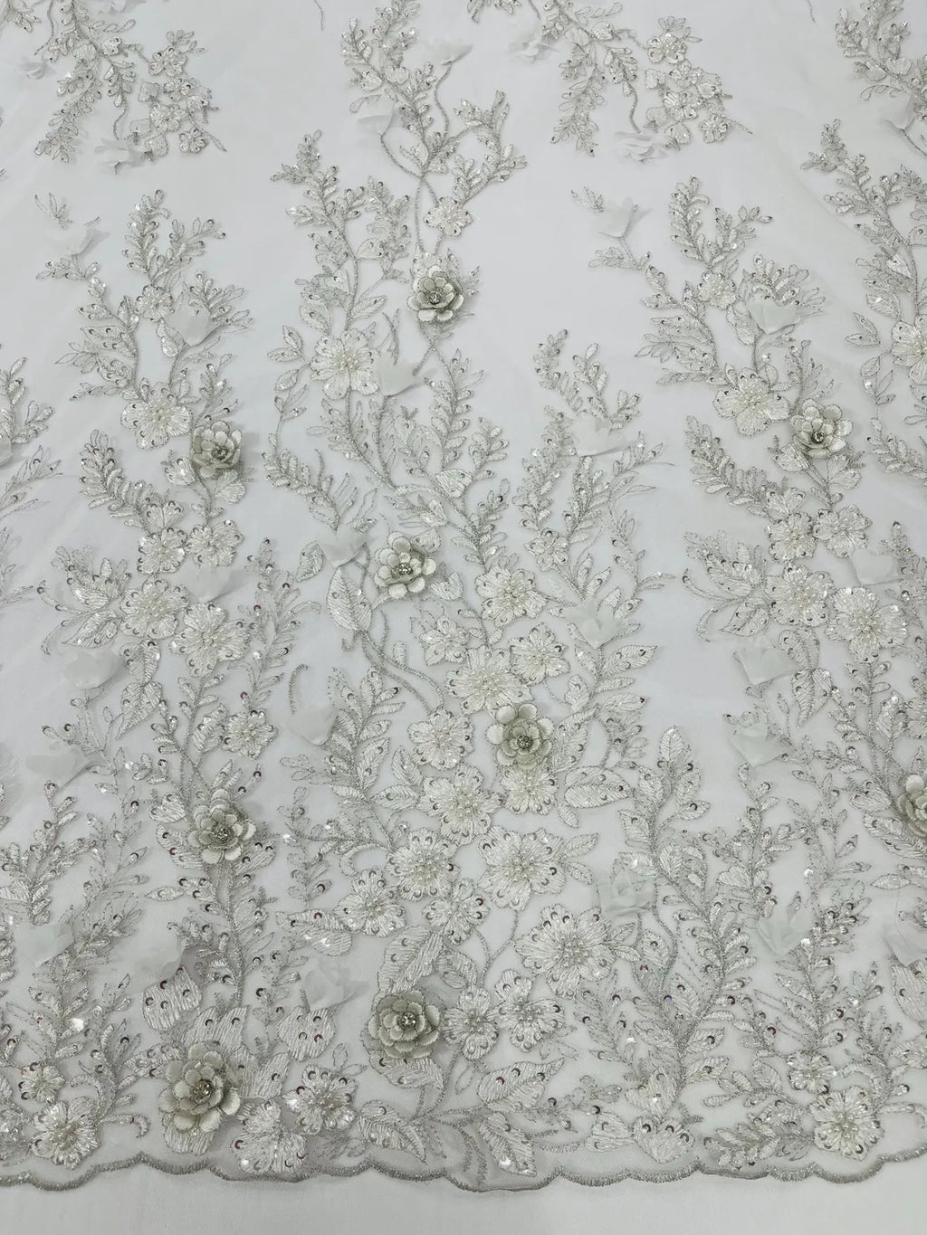 3D Flower Rhinestone Design - Off-White - Embroidered Flower Sequins Lace Fabric By Yard
