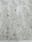 3D Flower Rhinestone Design - Off-White - Embroidered Flower Sequins Lace Fabric By Yard