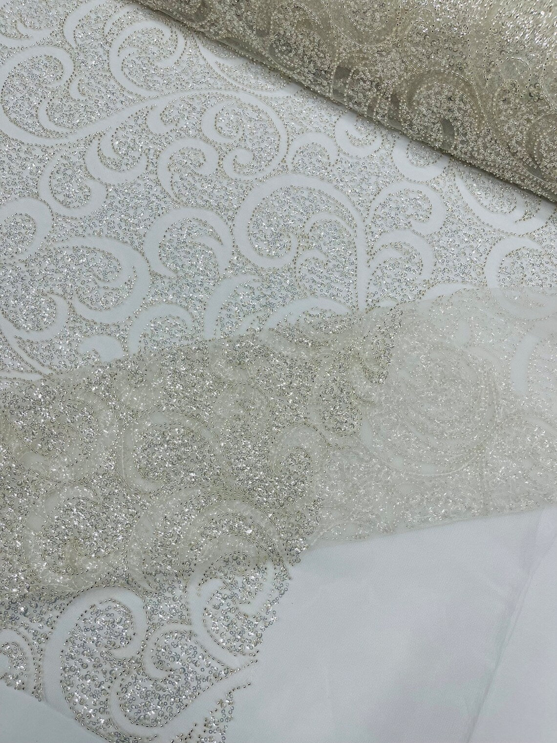 Beaded Swirl Design Fabric - Off-White - Swirl Design with Beads and Sequins on Lace by Yard