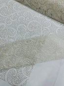 Beaded Swirl Design Fabric - Off-White - Swirl Design with Beads and Sequins on Lace by Yard