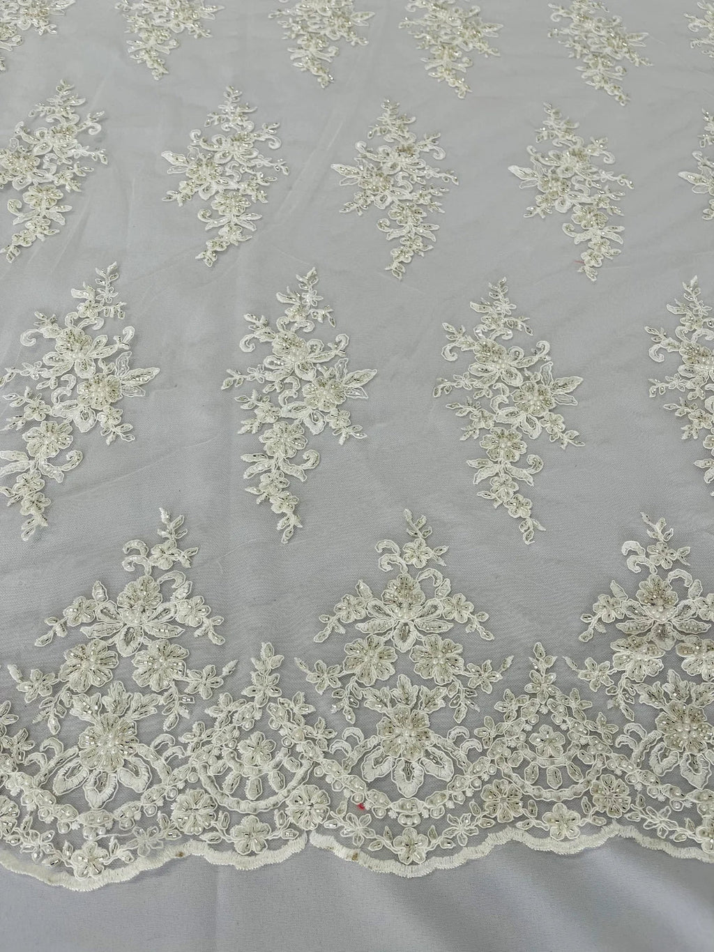 Beaded Shiny Floral Cluster - Off-White - Embroidered Luxury Floral Design by Yard