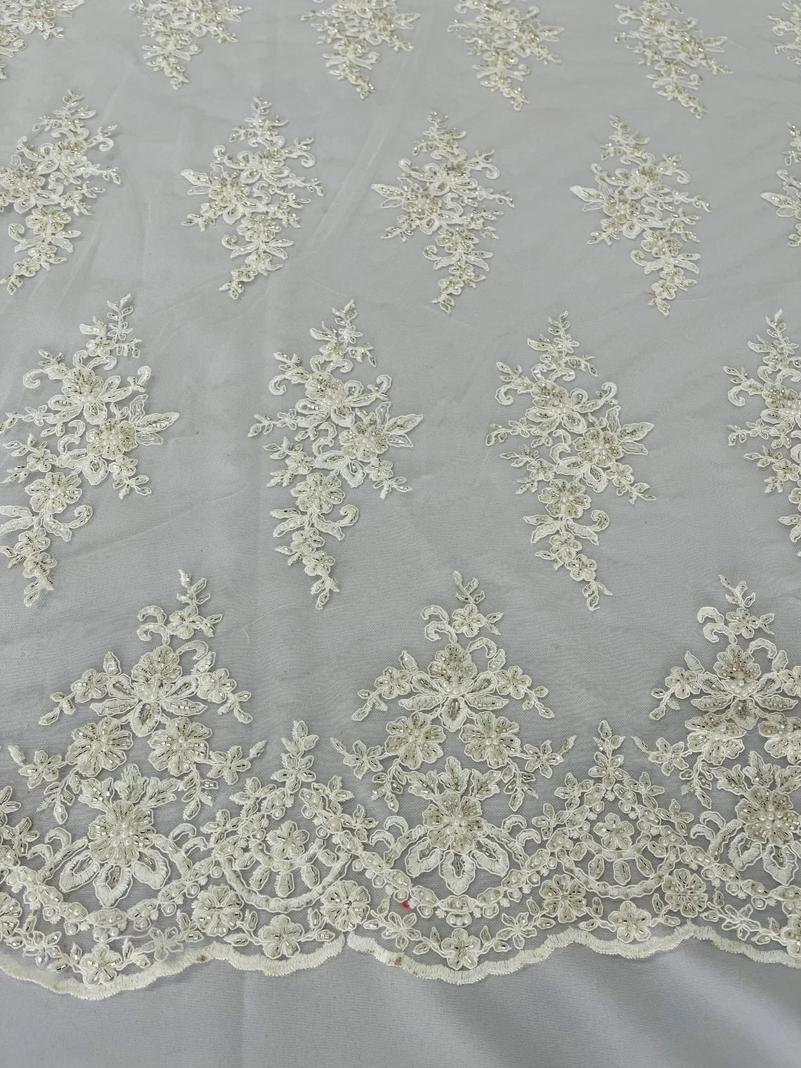 Beaded Shiny Floral Cluster - Off-White - Embroidered Luxury Floral Design by Yard