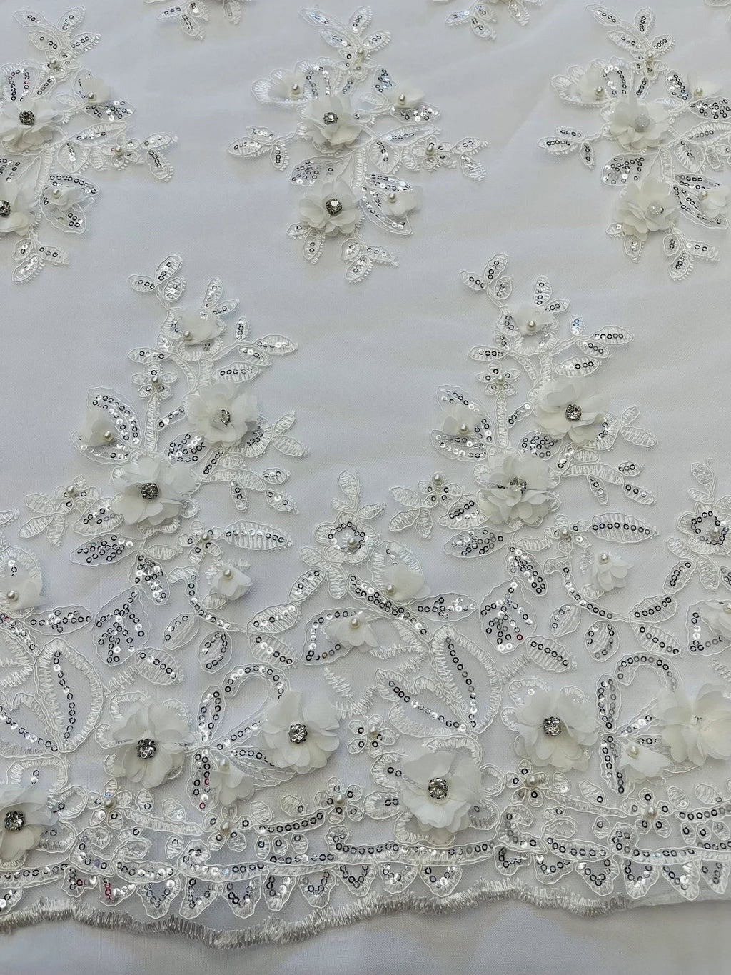 3D Embroidered Floral Fabric - Off-White - 3D Rhinestone and Sequins Floral Fabric Sold By Yard