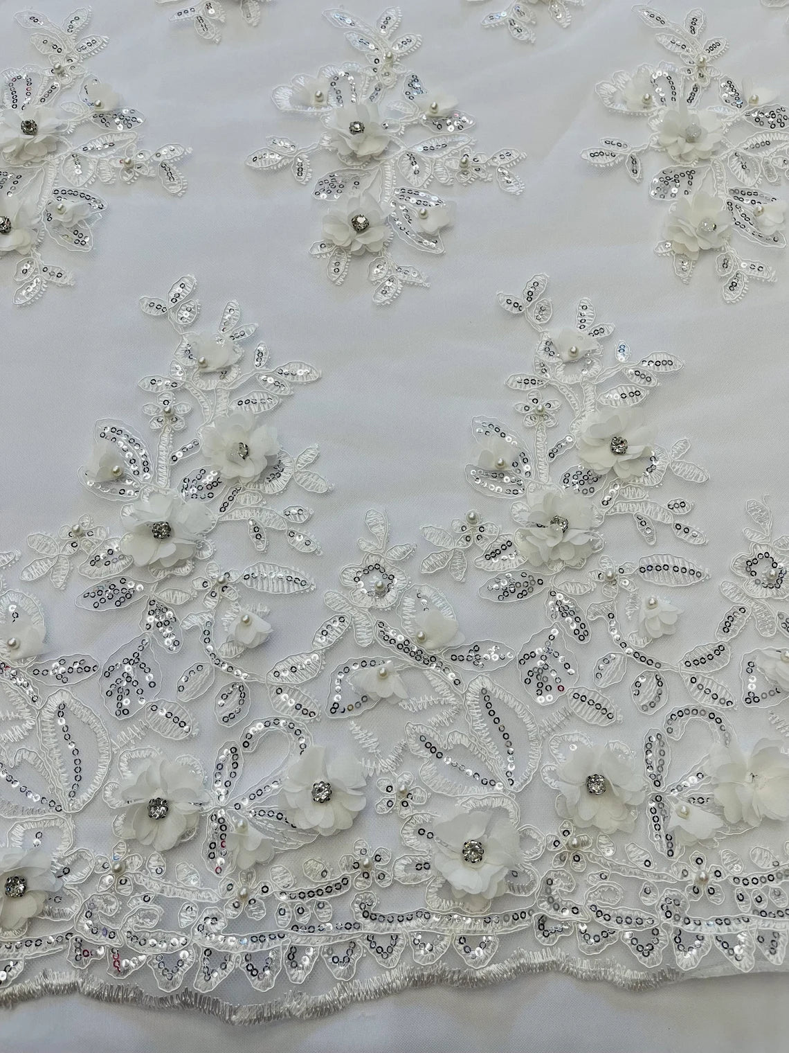 3D Embroidered Floral Fabric - Off-White - 3D Rhinestone and Sequins Floral Fabric Sold By Yard