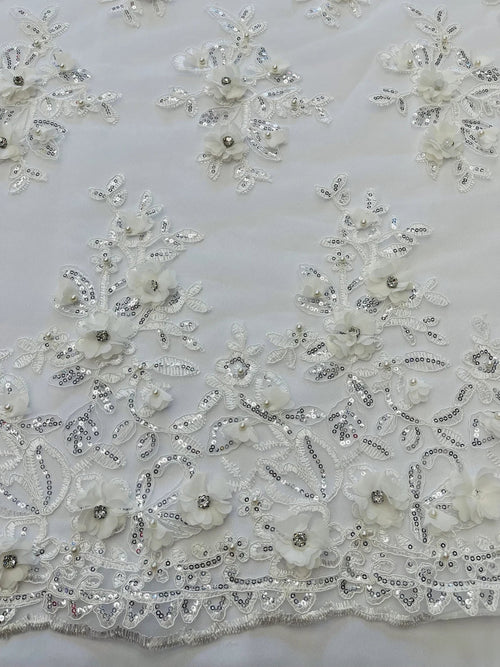 3D Embroidered Floral Fabric - Off-White - 3D Rhinestone and Sequins Floral Fabric Sold By Yard
