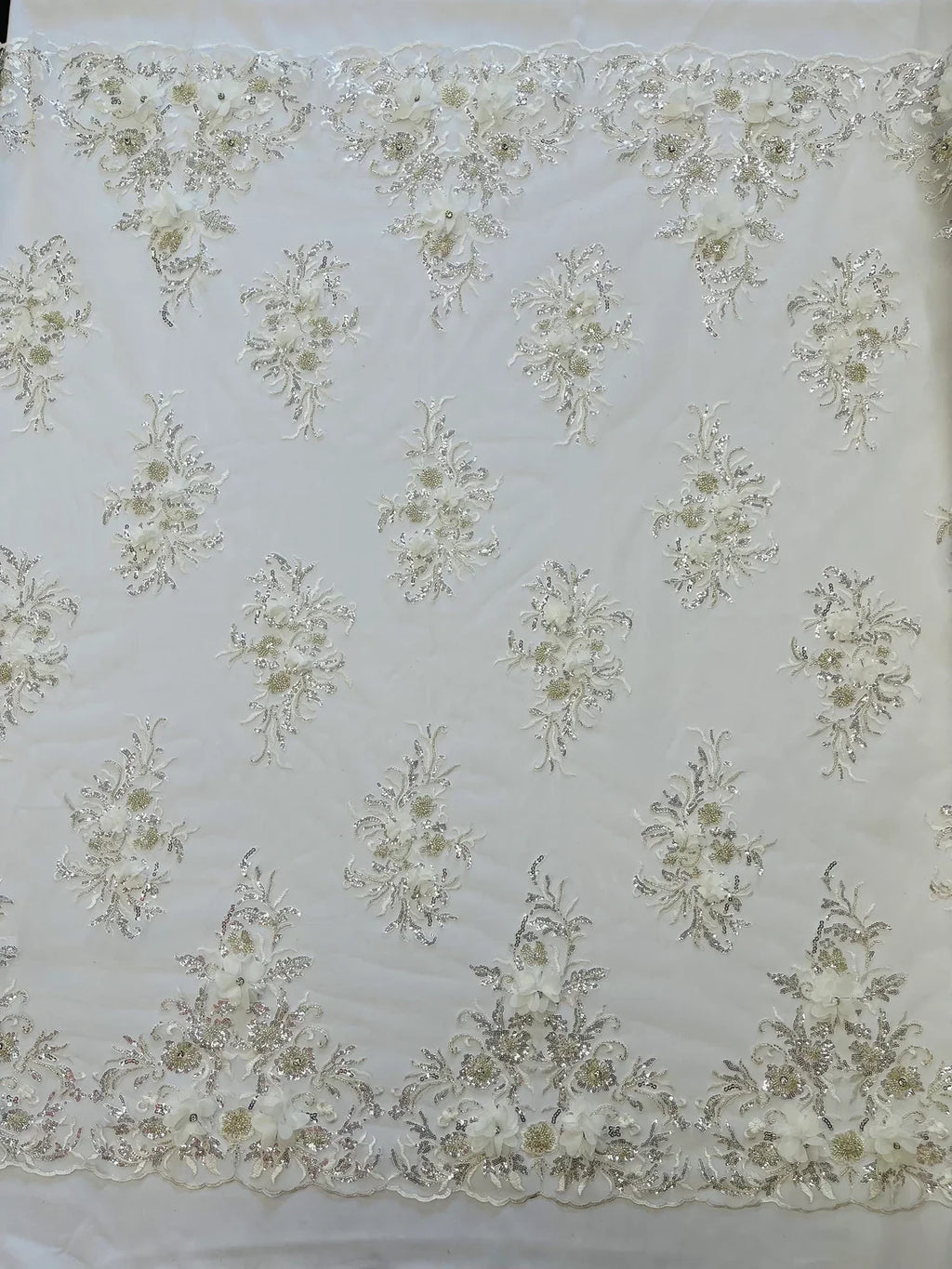 3D Floral Rhinestone Fabric - Off-White - Beaded Flower Clusters with Rhinestones and Sequins By Yard