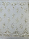 3D Floral Rhinestone Fabric - Off-White - Beaded Flower Clusters with Rhinestones and Sequins By Yard