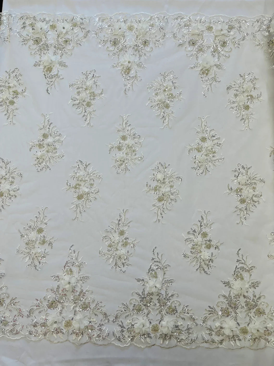 3D Floral Rhinestone Fabric - Off-White - Beaded Flower Clusters with Rhinestones and Sequins By Yard