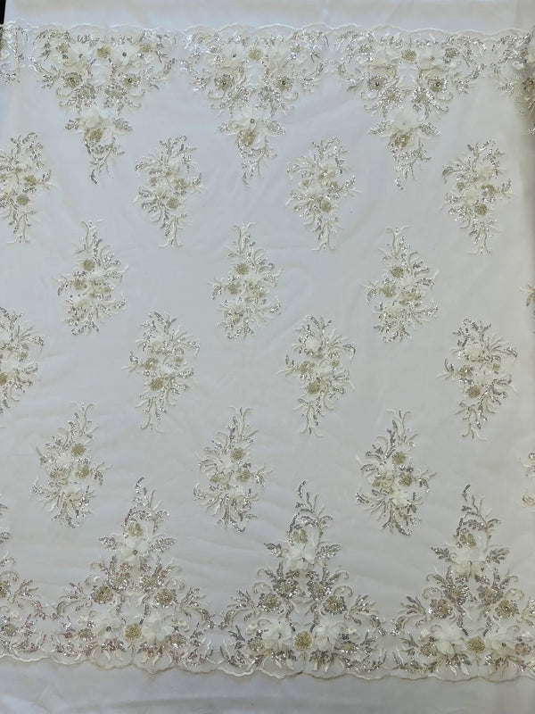 3D Floral Rhinestone Fabric - Off-White - Beaded Flower Clusters with Rhinestones and Sequins By Yard