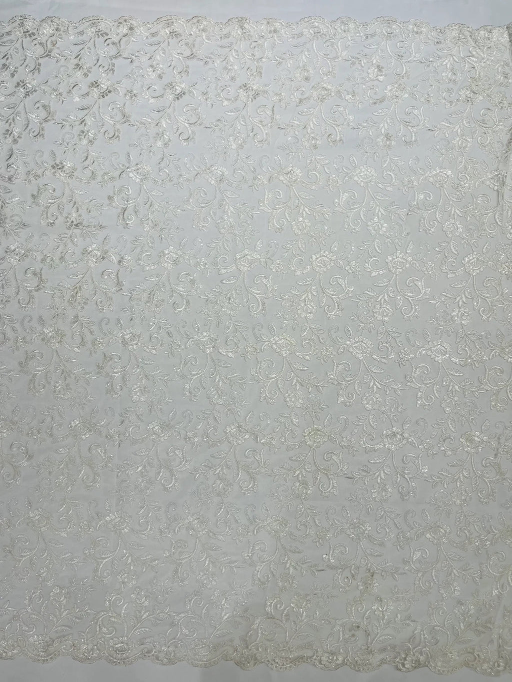 Corded Sequin Floral Fabric - Off-White - Embroidery Design With Sequins on a Mesh Lace Fabric Sold By Yard