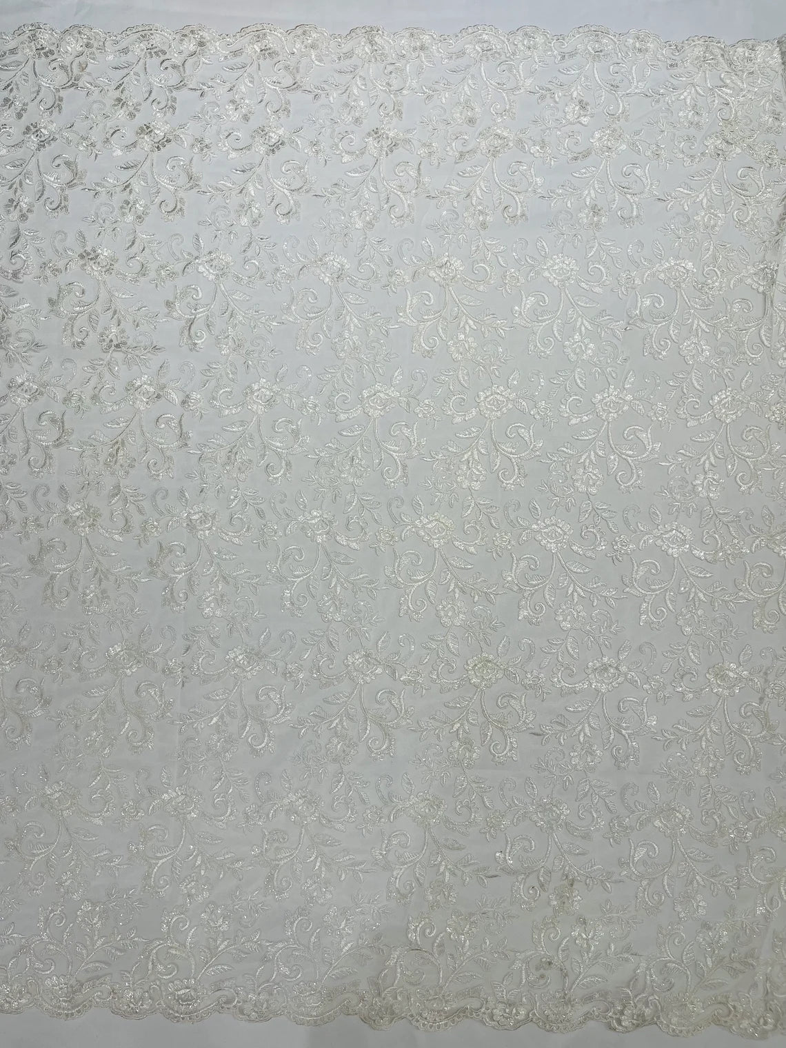 Corded Sequin Floral Fabric - Off-White - Embroidery Design With Sequins on a Mesh Lace Fabric Sold By Yard