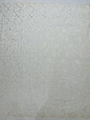 Corded Sequin Floral Fabric - Off-White - Embroidery Design With Sequins on a Mesh Lace Fabric Sold By Yard