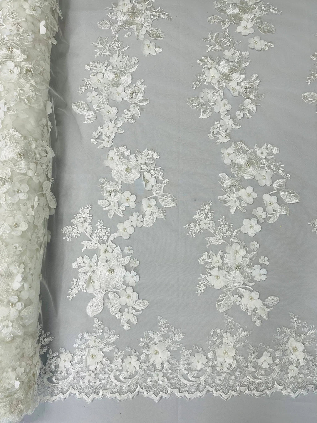 Floral 3D Rose Fabric - Off-White - Embroided Rose Flower Design Fabric Sold by Yard