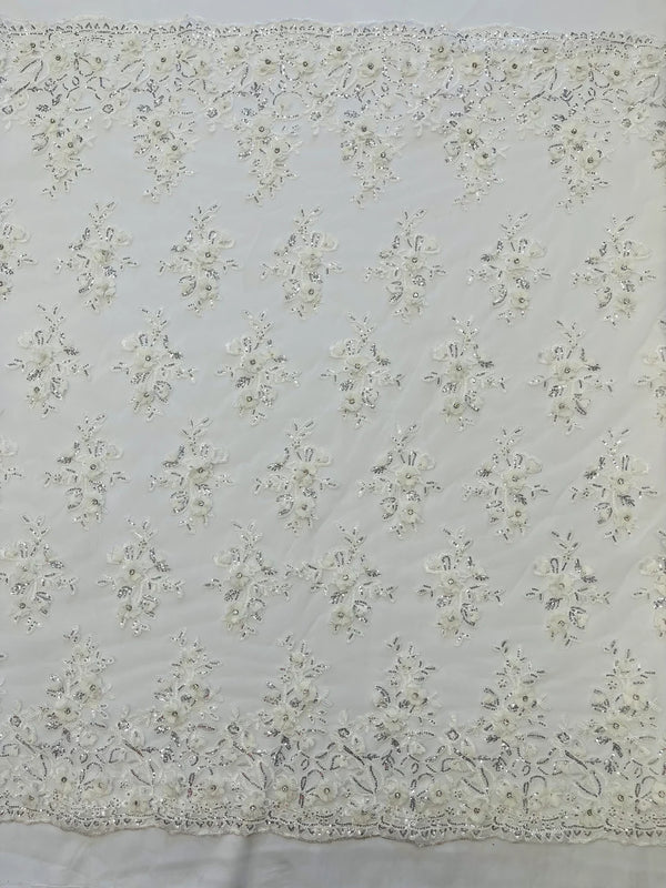 3D Embroidered Floral Fabric - Off-White - 3D Rhinestone and Sequins Floral Fabric Sold By Yard