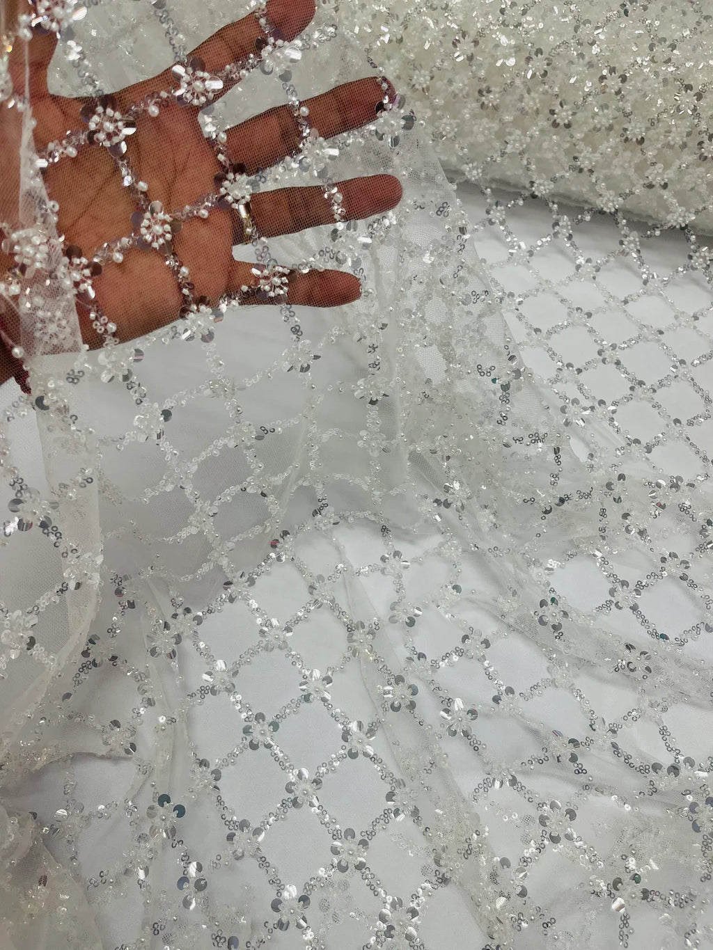 Beaded Diamond Net Fabric - Off-White - Embroidered Geometric Beaded Sequins Fabric Sold By Yard