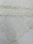 Corded Sequin Floral Fabric - Off-White - Embroidery Design With Sequins on a Mesh Lace Fabric Sold By Yard