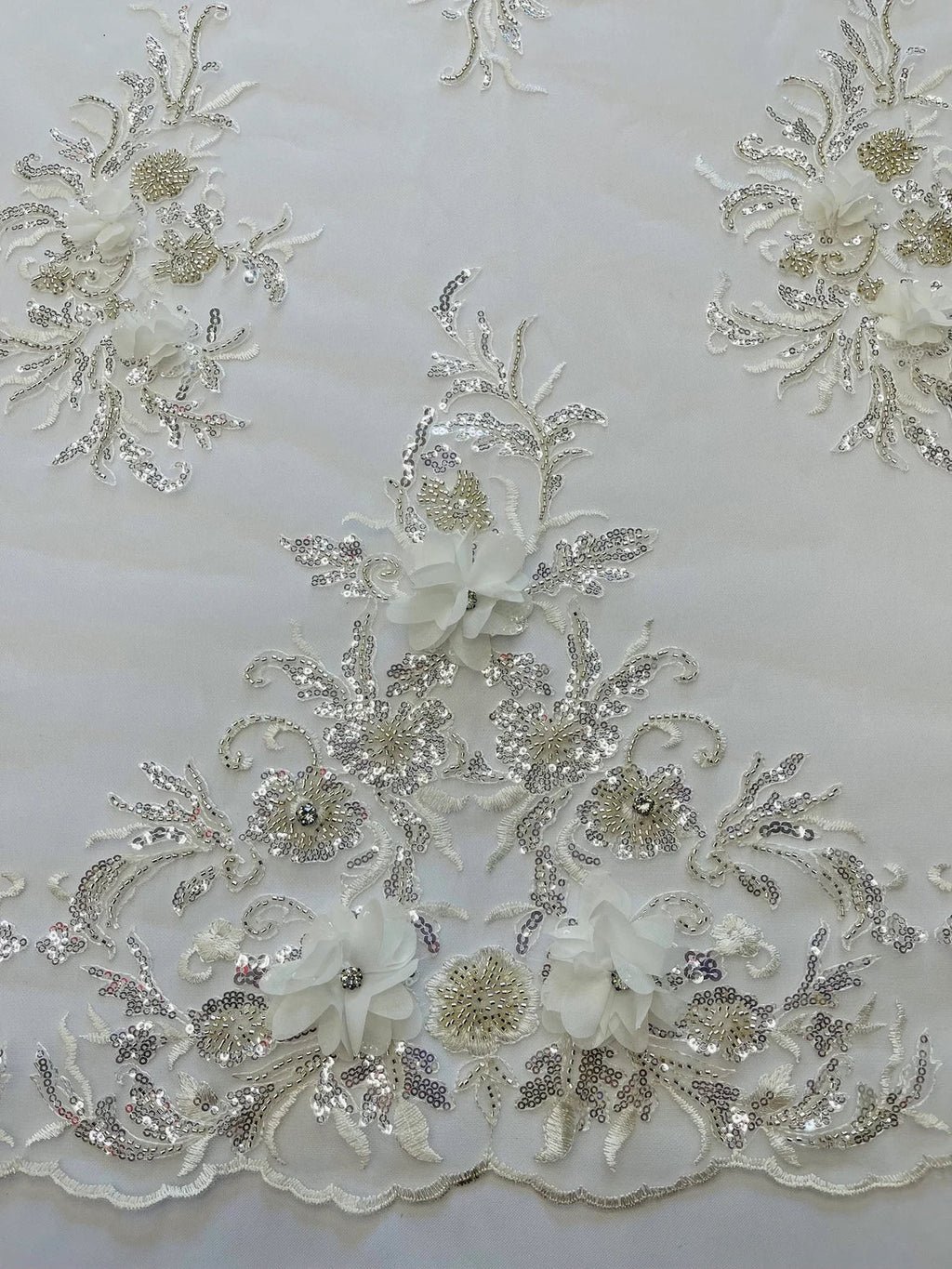 3D Floral Rhinestone Fabric - Off-White - Beaded Flower Clusters with Rhinestones and Sequins By Yard
