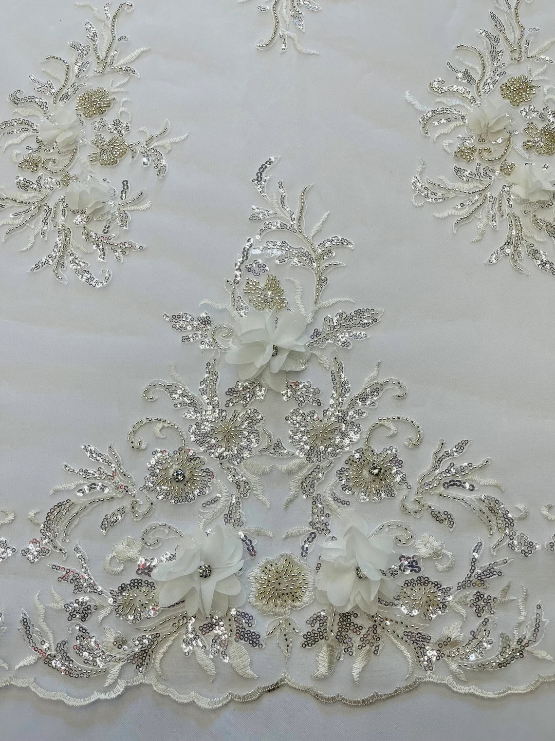 3D Floral Rhinestone Fabric - Off-White - Beaded Flower Clusters with Rhinestones and Sequins By Yard