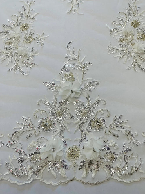 3D Floral Rhinestone Fabric - Off-White - Beaded Flower Clusters with Rhinestones and Sequins By Yard