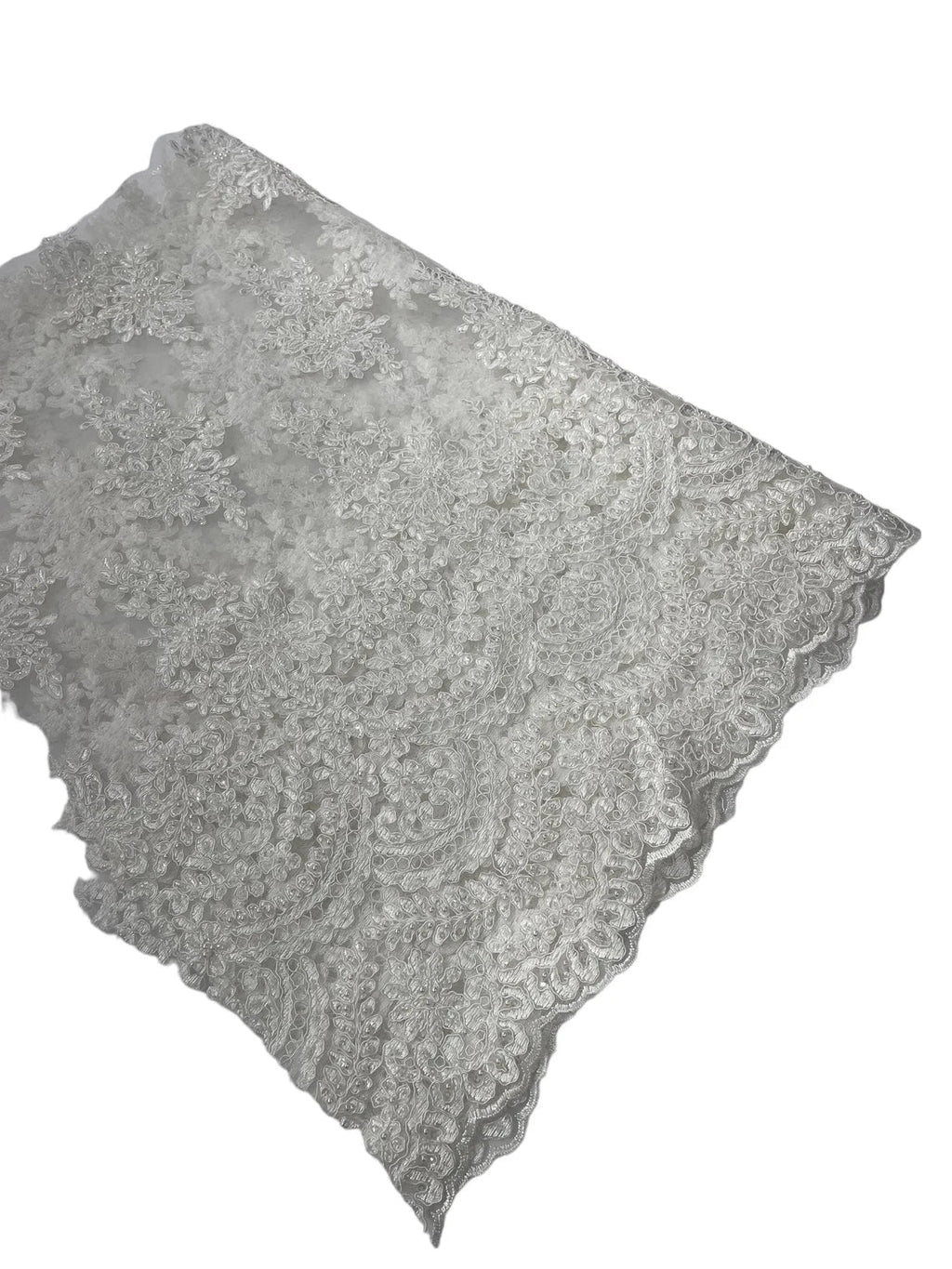 Beaded Flower Cluster Fabric -  Off-White - Embroidered Beaded Fancy Border Floral Fabric Sold By Yard