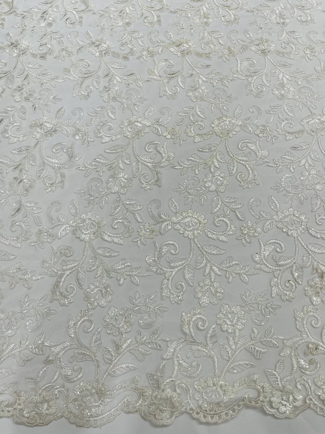 Corded Sequin Floral Fabric - Off-White - Embroidery Design With Sequins on a Mesh Lace Fabric Sold By Yard