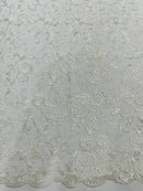 Corded Sequin Floral Fabric - Off-White - Embroidery Design With Sequins on a Mesh Lace Fabric Sold By Yard