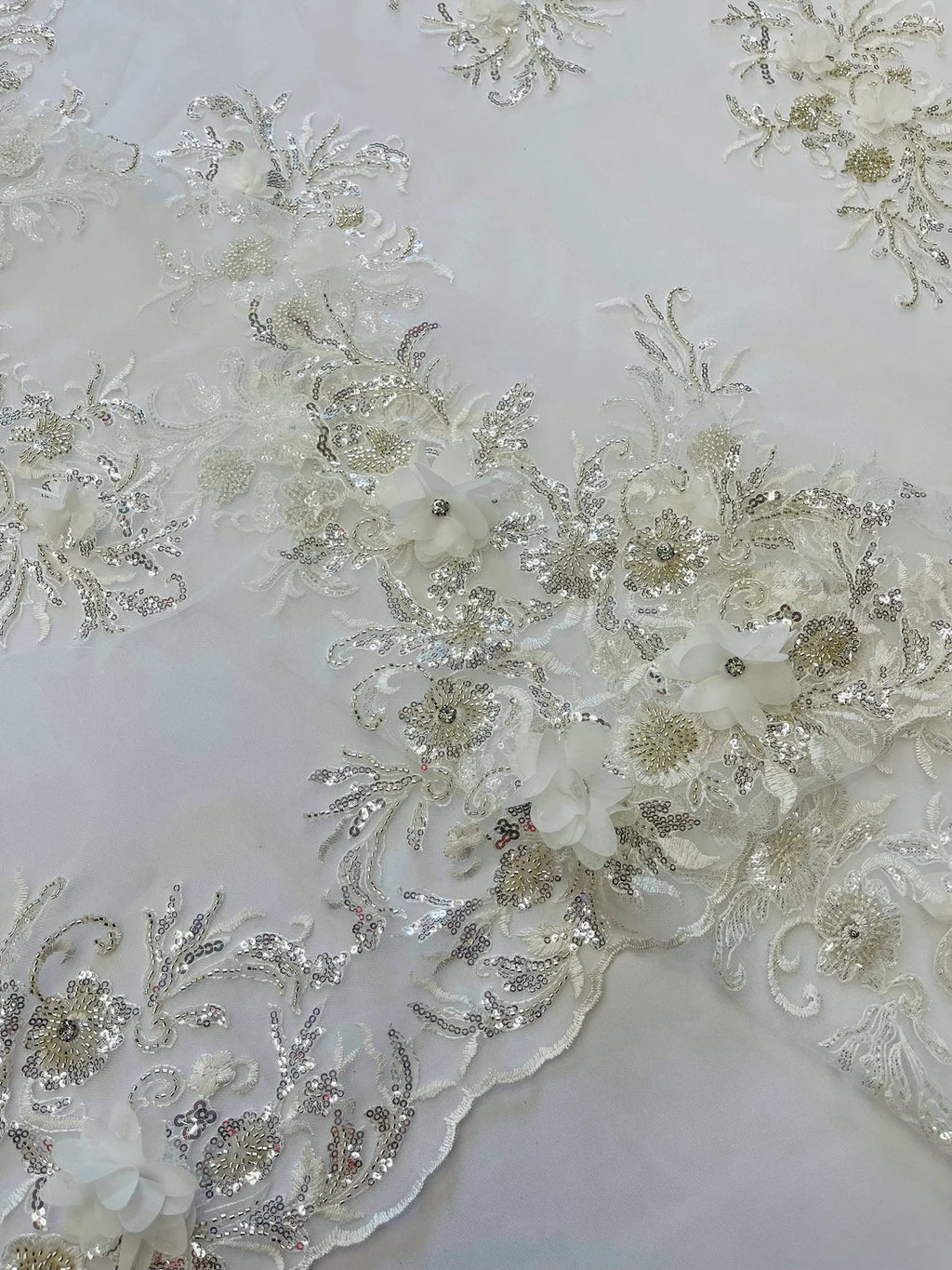 3D Floral Rhinestone Fabric - Off-White - Beaded Flower Clusters with Rhinestones and Sequins By Yard