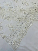 3D Embroidered Floral Fabric - Off-White - 3D Rhinestone and Sequins Floral Fabric Sold By Yard