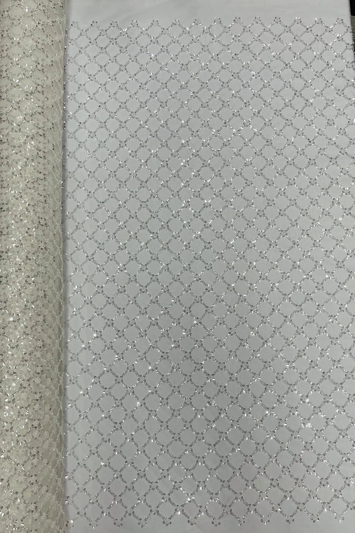 Beaded Diamond Net Fabric - Off-White - Embroidered Geometric Beaded Sequins Fabric Sold By Yard