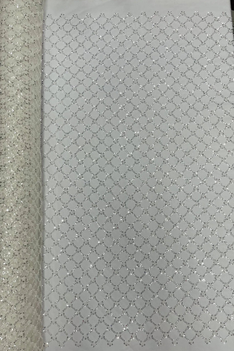 Beaded Diamond Net Fabric - Off-White - Embroidered Geometric Beaded Sequins Fabric Sold By Yard