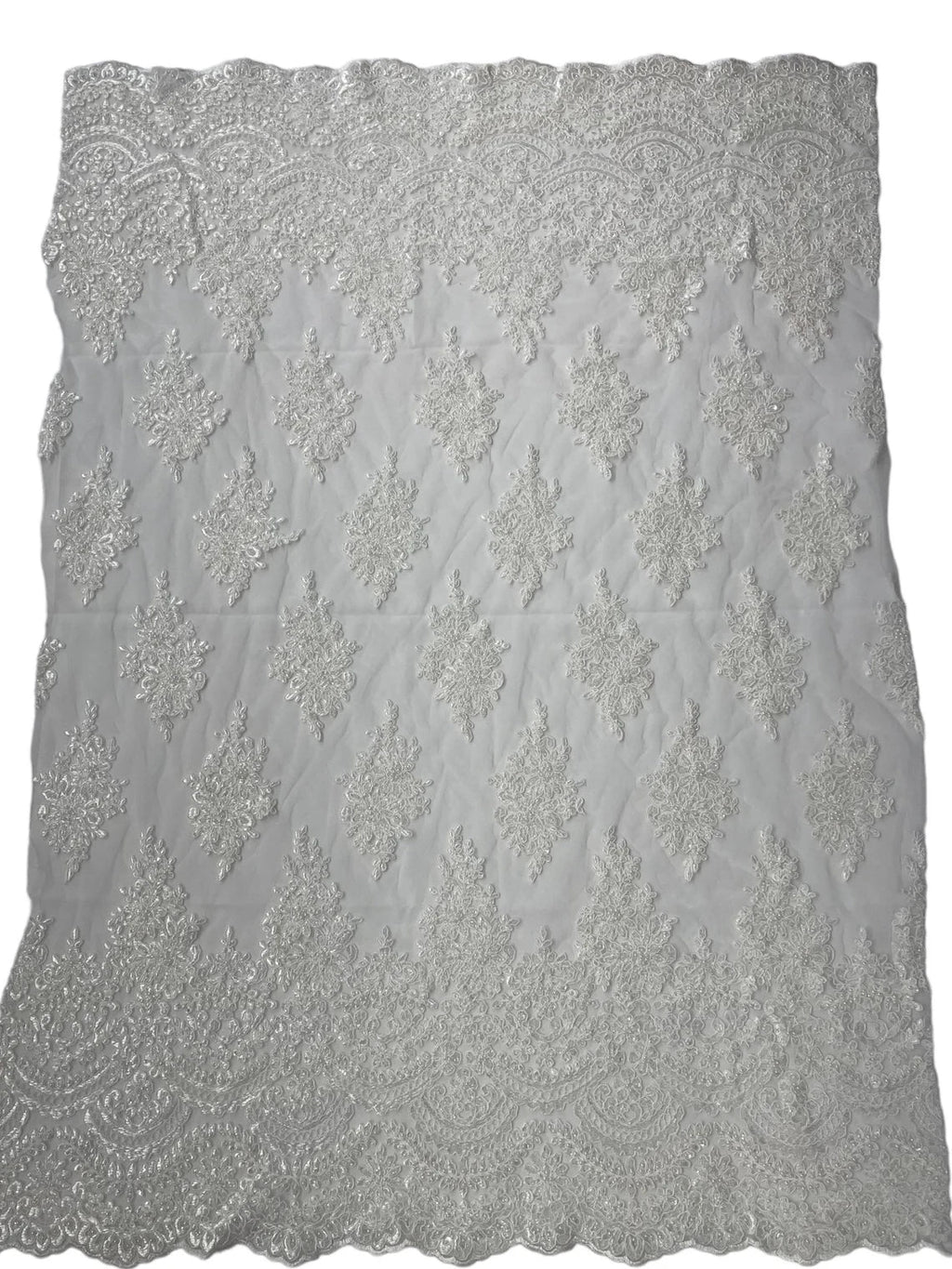 Beaded Flower Cluster Fabric -  Off-White - Embroidered Beaded Fancy Border Floral Fabric Sold By Yard