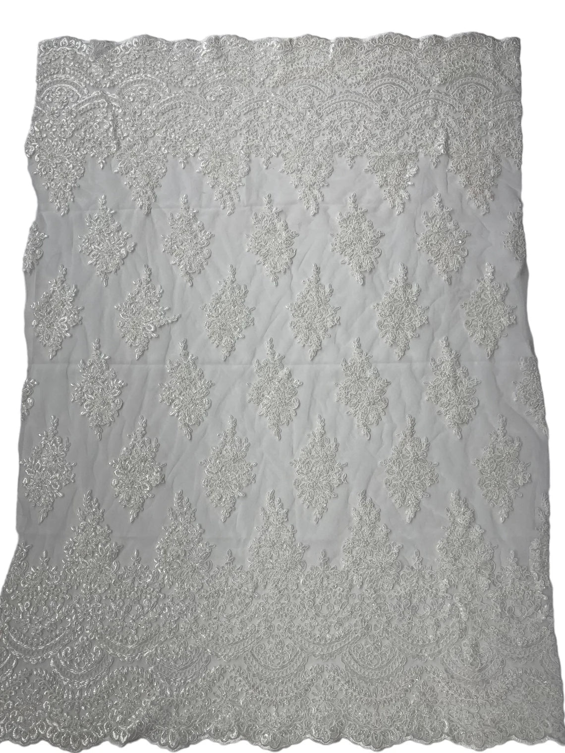Beaded Flower Cluster Fabric -  Off-White - Embroidered Beaded Fancy Border Floral Fabric Sold By Yard