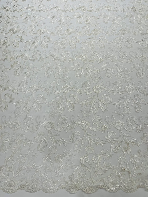 Corded Sequin Floral Fabric - Off-White - Embroidery Design With Sequins on a Mesh Lace Fabric Sold By Yard