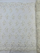 3D Embroidered Floral Fabric - Off-White - 3D Rhinestone and Sequins Floral Fabric Sold By Yard