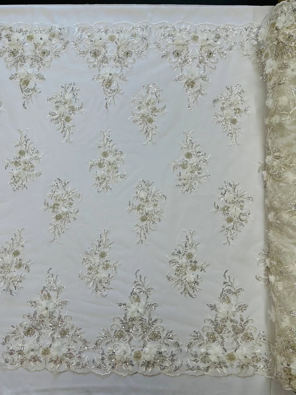 3D Floral Rhinestone Fabric - Off-White - Beaded Flower Clusters with Rhinestones and Sequins By Yard