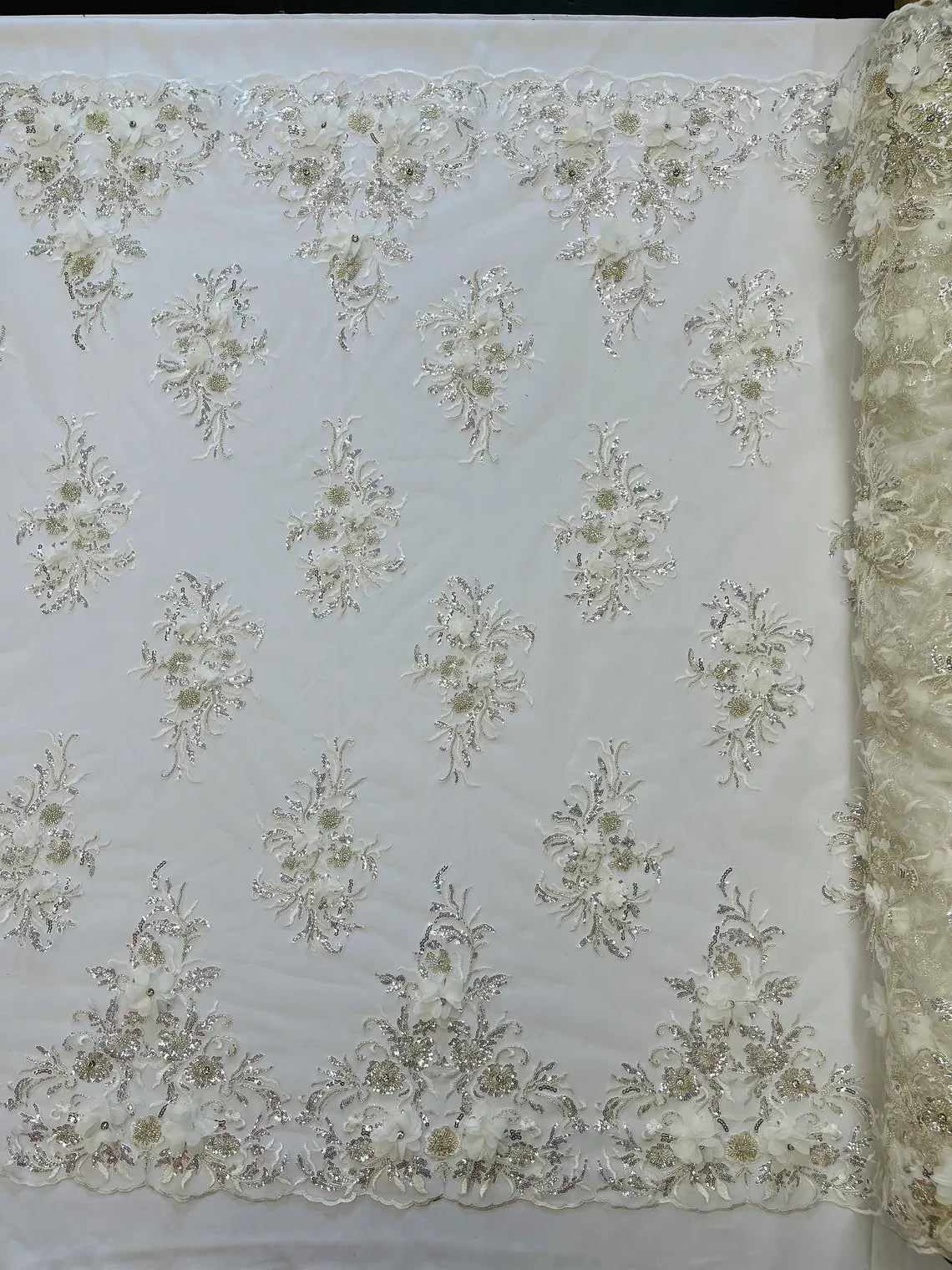 3D Floral Rhinestone Fabric - Off-White - Beaded Flower Clusters with Rhinestones and Sequins By Yard