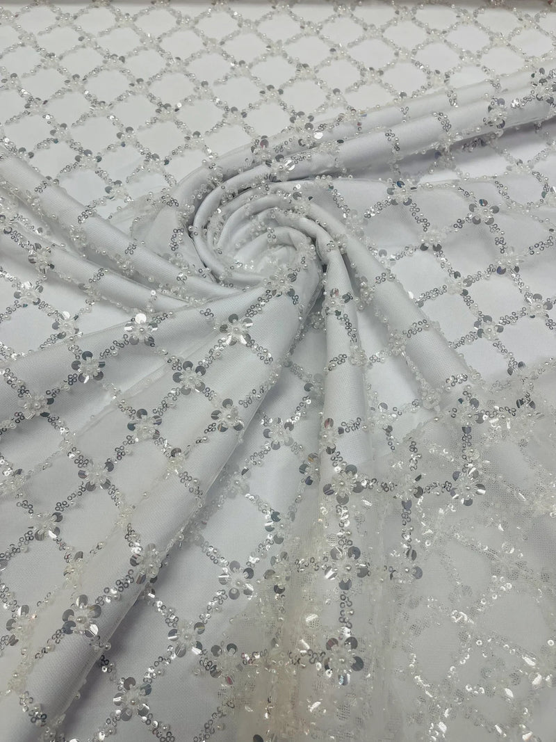 Beaded Diamond Net Fabric - Off-White - Embroidered Geometric Beaded Sequins Fabric Sold By Yard