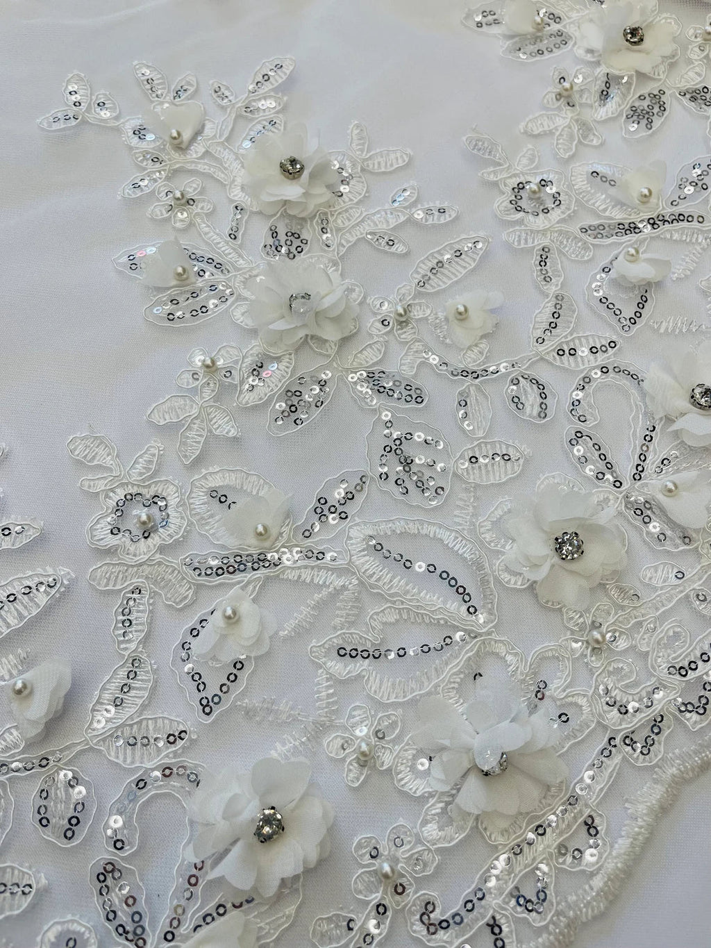 3D Embroidered Floral Fabric - Off-White - 3D Rhinestone and Sequins Floral Fabric Sold By Yard