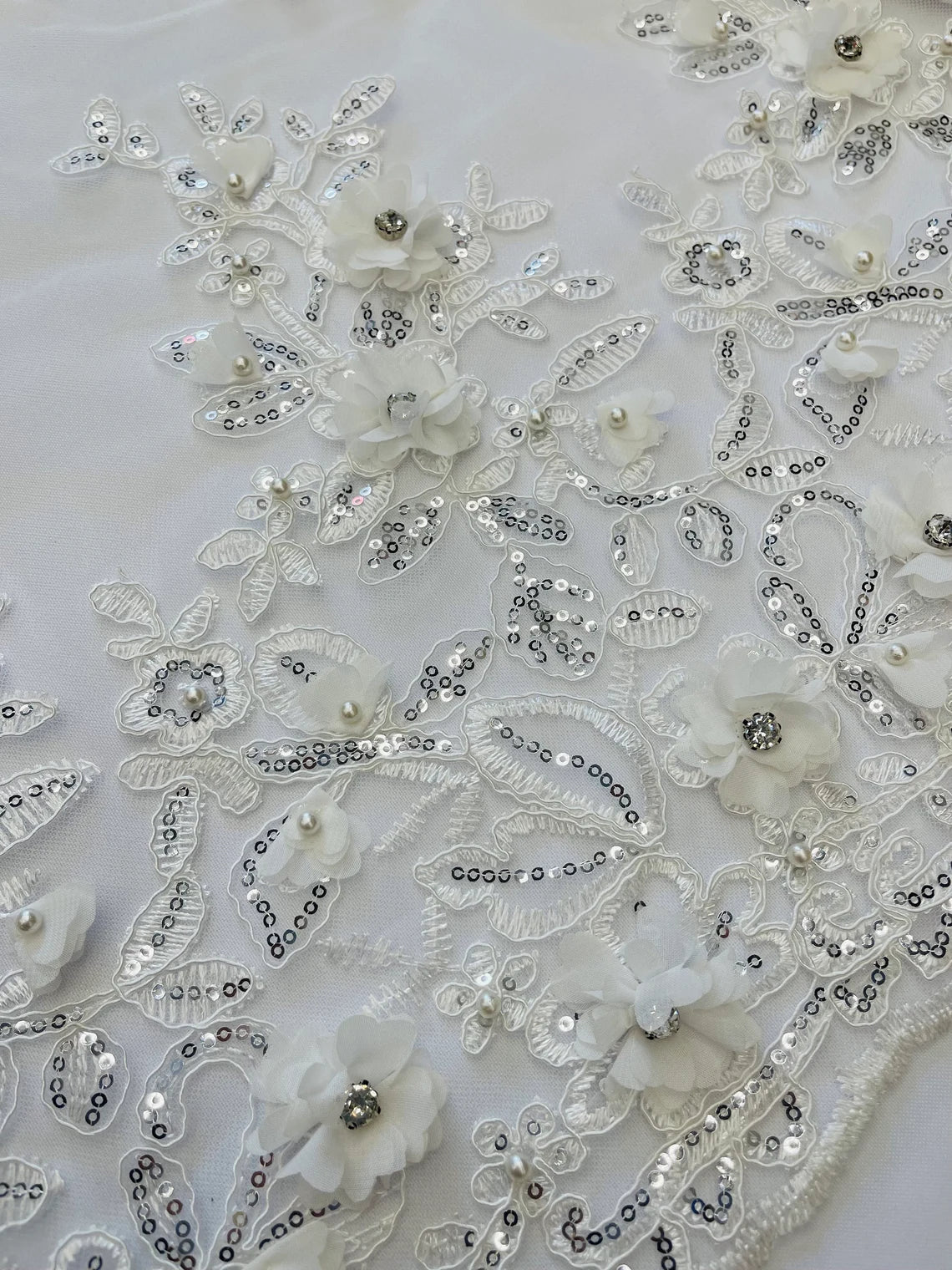 3D Embroidered Floral Fabric - Off-White - 3D Rhinestone and Sequins Floral Fabric Sold By Yard
