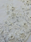 3D Embroidered Floral Fabric - Off-White - 3D Rhinestone and Sequins Floral Fabric Sold By Yard