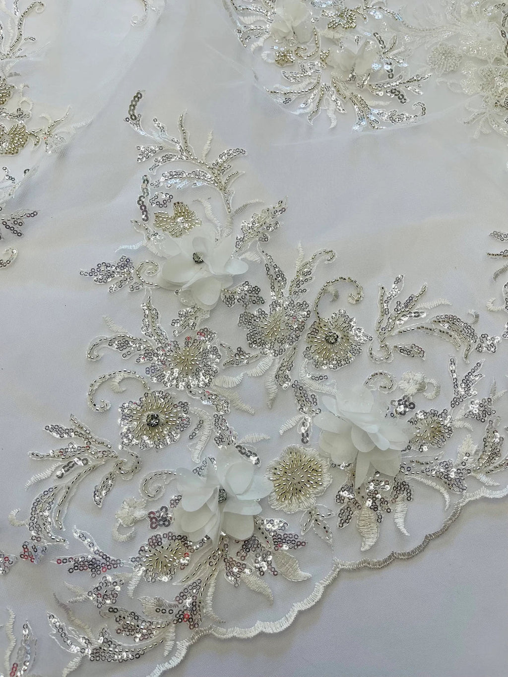 3D Floral Rhinestone Fabric - Off-White - Beaded Flower Clusters with Rhinestones and Sequins By Yard